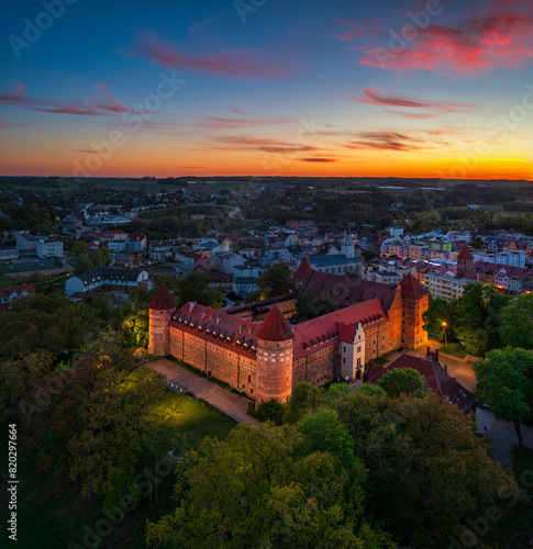 Aerial scenery with the Teutonic Castle in Bytow, a former stronghold for Pomeranian dukes at sunset. Poland photo