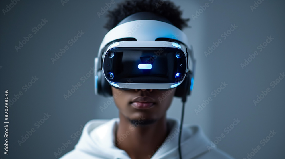 Young man using virtual reality headset. Isolated on gray background studio portrait. VR, future, gadgets, technology, education online, studying, video game concept Young man using virtual reality headset. Isolated on gray background studio portrait. VR, future, gadgets, technology, education online, studying, video game concept
