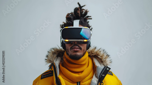 Person Wearing VR Headset Generated by AI  neither this person nor this VR headset exists . There is no brand for the VR headset as it does not exist. Generated by AI with no reference or model.