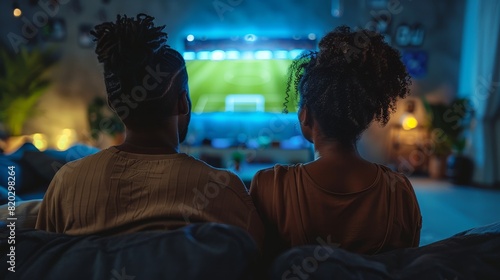 Diversity exemplified as a couple enjoys watching a sports game on TV from the comfort of their sofa, evoking a sense of shared interest and leisure