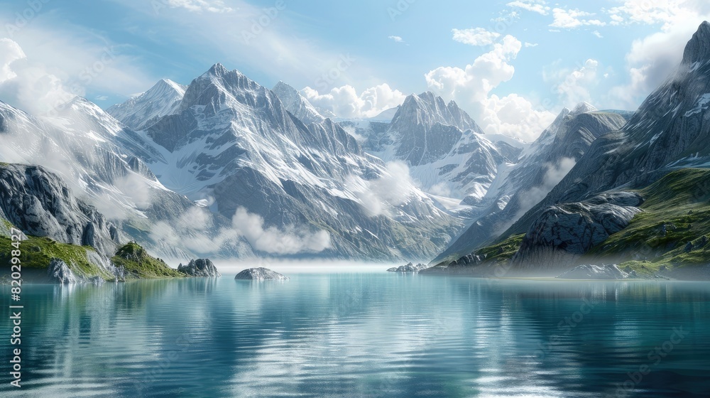 Pristine alpine lake, surrounded by towering snow-capped mountains, early morning mist realistic