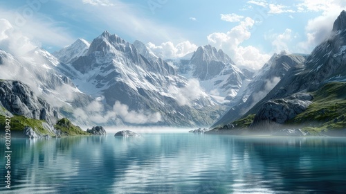 Pristine alpine lake  surrounded by towering snow-capped mountains  early morning mist realistic
