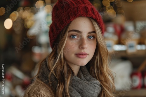 Young woman in cozy winter clothing at holiday market © Aurora Blaze