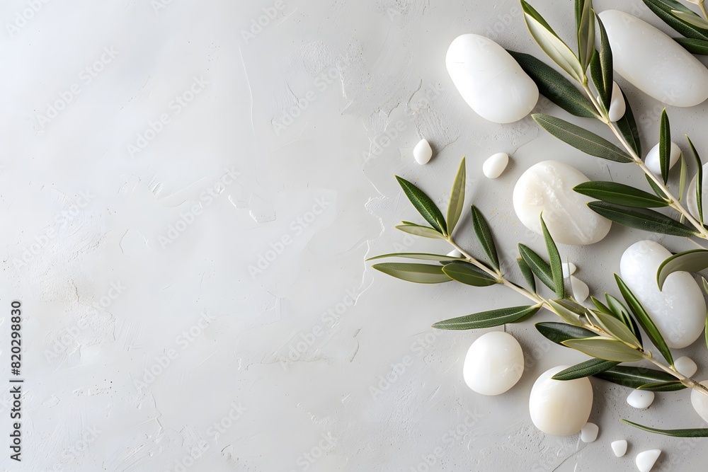 Minimalistic Olive Branch with White Stones on Grey Background Minimalistic Olive Branch with White Stones on Grey Background
