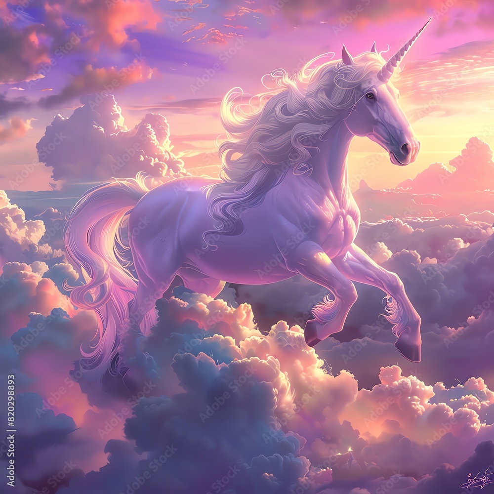 Majestic white unicorn with a flowing mane soaring through a fantasy cloudscape at sunset, enveloped in ethereal, glowing light. Majestic white unicorn with a flowing mane soaring through a fantasy cloudscape at sunset, enveloped in ethereal, glowing light.