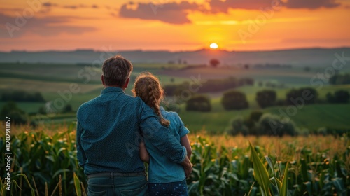 A farmer and young daughter is relaxing at his corn field or maize field at agriculture farm after work.