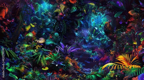 Psychedelic digital painting of a rainforest  flora and fauna blending and morphing into fractal patterns  vivid neon colors  optical illusions realistic