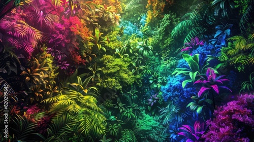 Psychedelic digital painting of a rainforest, flora and fauna blending and morphing into fractal patterns, vivid neon colors, optical illusions realistic