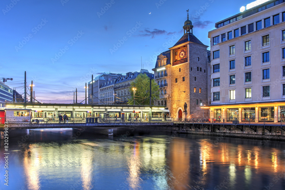 Naklejka premium Pont and Tour d'Ile, Geneva, Switzerland