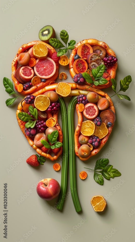 Fototapeta premium 3D illustration of a pair of kidney made of fruits and vegetables. Conceptual 3d illustration with copy space.