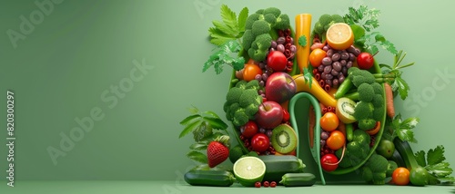 3D illustration of a pair of kidney made of fruits and vegetables. Conceptual 3d illustration with copy space.