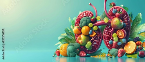 3D illustration of a pair of kidney made of fruits and vegetables. Conceptual 3d illustration with copy space. photo