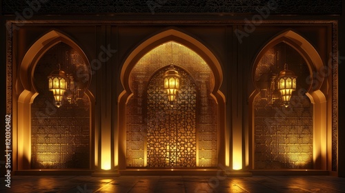 Ramadan kareem or eid al fitr, background with golden arch, with golden arabic pattern, background for holy month of muslim community Ramadan Kareem realistic