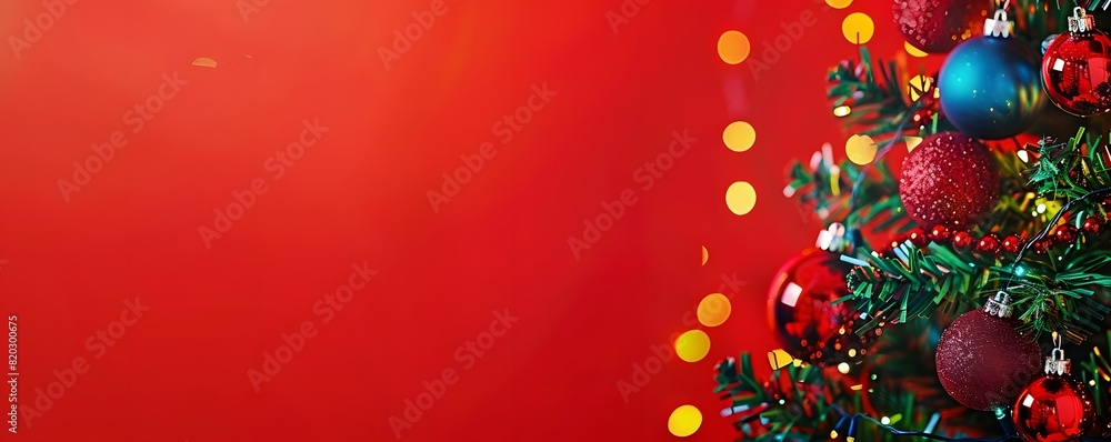 Colorful Christmas Tree on Red Background with Bokeh Lights Colorful Christmas Tree on Red Background with Bokeh Lights