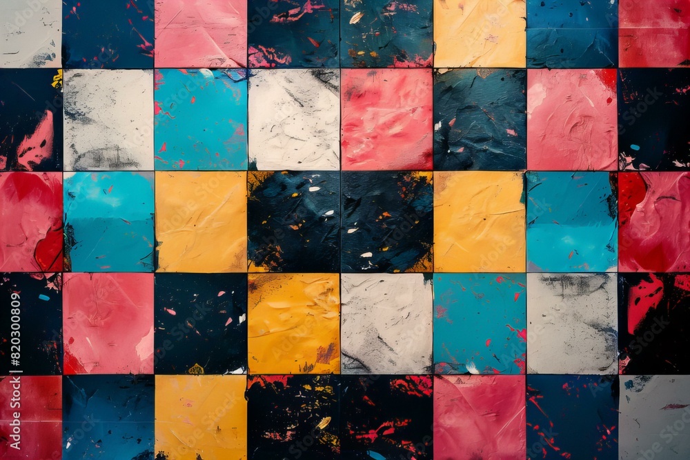 Colorful checkered surface covered in paint splatters Colorful checkered surface covered in paint splatters