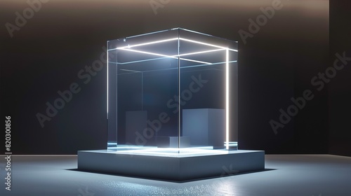Glass display case for the exhibition in the shape of a cube illuminated by spotlights. Modern exhibition and luxury design. Advertising in museum glass boxes. To display technological innovation.Expo