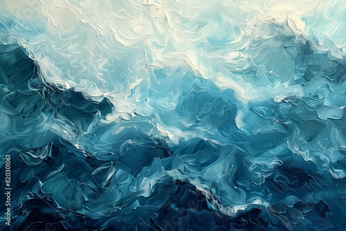 Abstract painting of a blue ocean with waves and white clouds