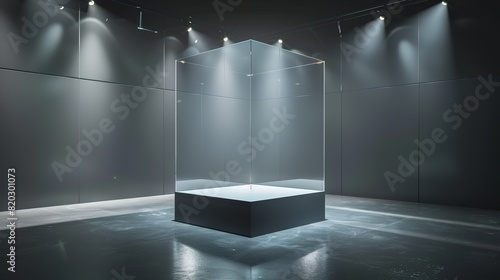 Glass display case for the exhibition in the shape of a cube illuminated by spotlights. Modern exhibition and luxury design. Advertising in museum glass boxes. To display technological innovation.Expo