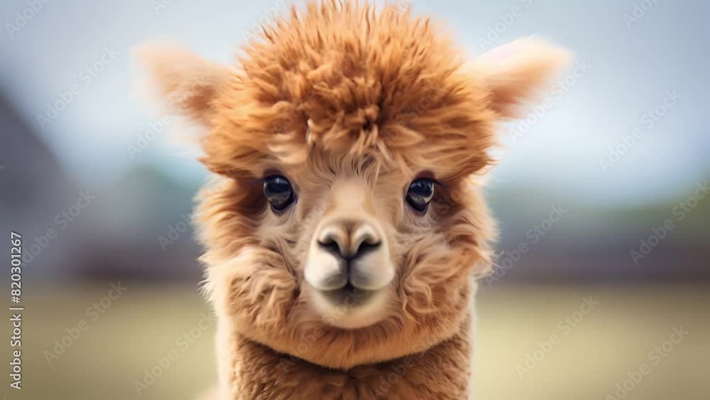 Close-up of a cute alpaca with a fuzzy brown coat, large expressive eyes, and a gentle demeanor, set against a soft-focus background, perfect for illustrated children's books or whimsical designs Close-up of a cute alpaca with a fuzzy brown coat, large expressive eyes, and a gentle demeanor, set against a soft-focus background, perfect for illustrated children's books or whimsical designs