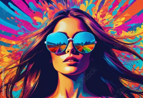 Illustration of a long haired girl in sunglasses on an colored background