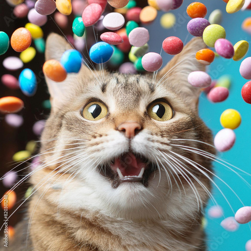 happy cat with colorful candies