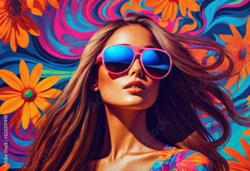 Illustration of a long haired girl in sunglasses on an colored background