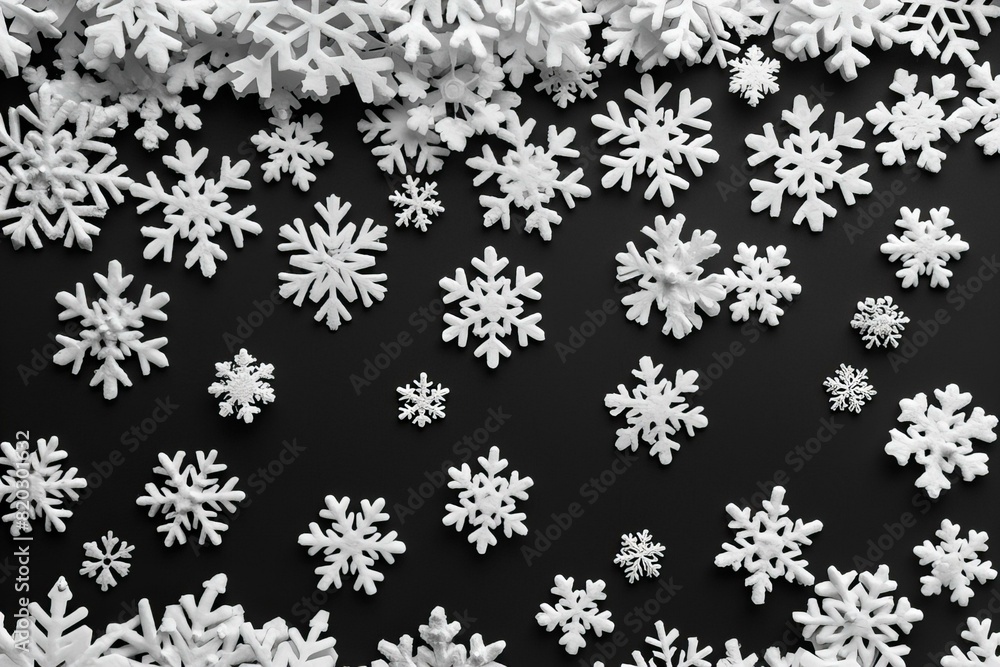 Close up of assorted snowflakes on dark surface Close up of assorted snowflakes on dark surface