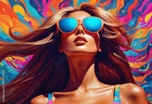 Illustration of a long haired girl in sunglasses on an colored background