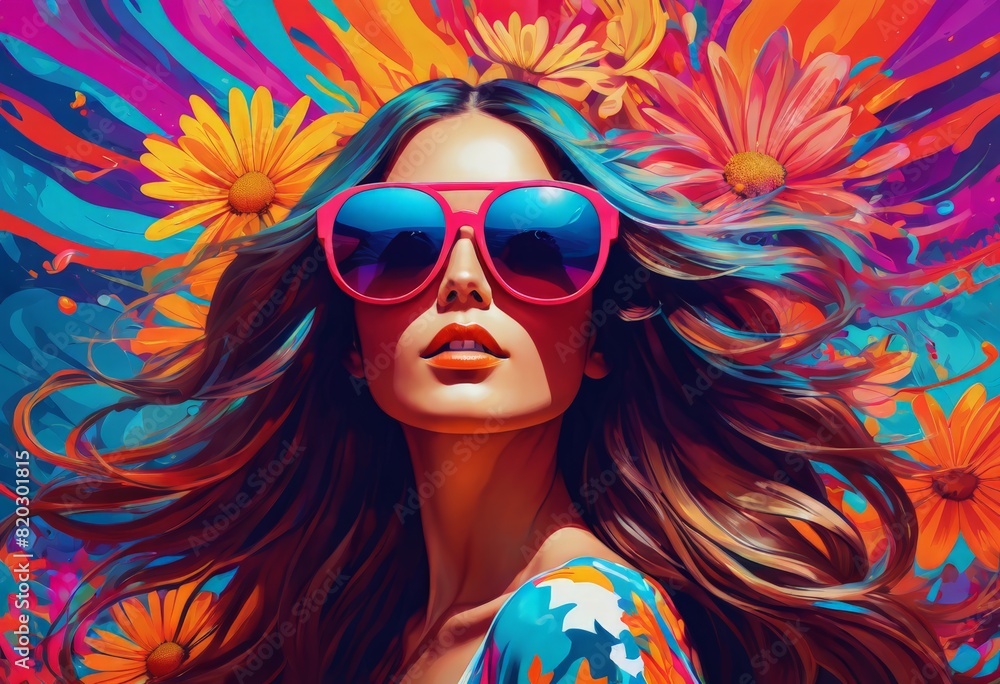 Illustration of a long haired girl in sunglasses on an colored background Illustration of a long haired girl in sunglasses on an colored background