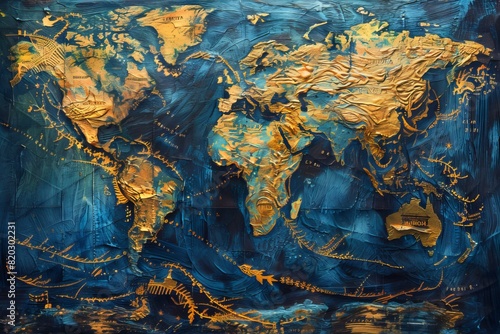 A painting of a map of the world with gold paint