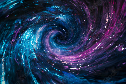 Hypnotic neon galaxy with swirling blue and purple hues on black background.