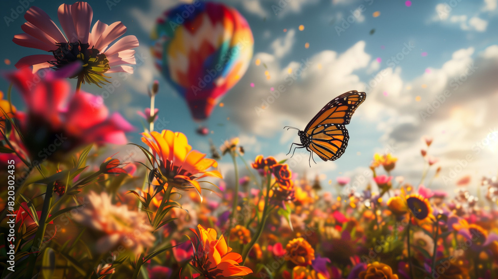 Butterfly Flying Over Field of Flowers Butterfly Flying Over Field of Flowers