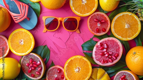 tropical summer vibes  summer pop art collage background features vibrant tropical fruits  sunglasses  and flip flops  creating a joyful and relaxing atmosphere