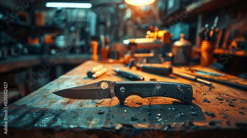 High-End Folding Knife on Workbench in Artisan Workshop photo