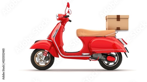 red scooter with a box isolated on white background. motorcycle delivery realistic