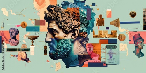 The image shows a colorful collage of ancient Greek and Roman sculptures with a focus on a male head. photo