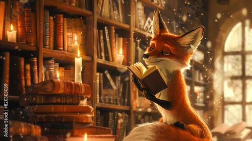 Fox Sitting in Front of Bookshelf photo