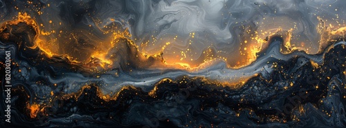 Vibrant abstract art featuring golden and grey swirls, evoking a fiery essence