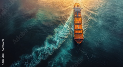 Aerial view of a cargo ship loaded with colorful containers sailing into the sunset