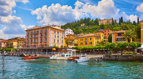 Bellagio, Lombardy, Como lake, Italy. Famous Italian village and popular European travel destination. Summer scenery como lake town landscape with boats photo