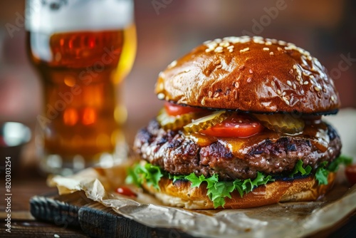 Hamburger and beer on table classic staple food pairing photo