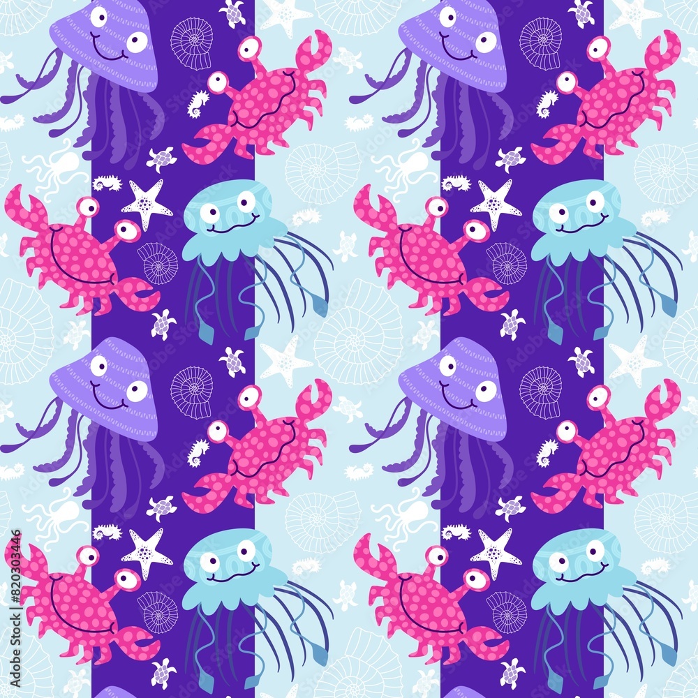 Obraz premium Summer animals print seamless cartoon crabs and jellyfish pattern for wrapping