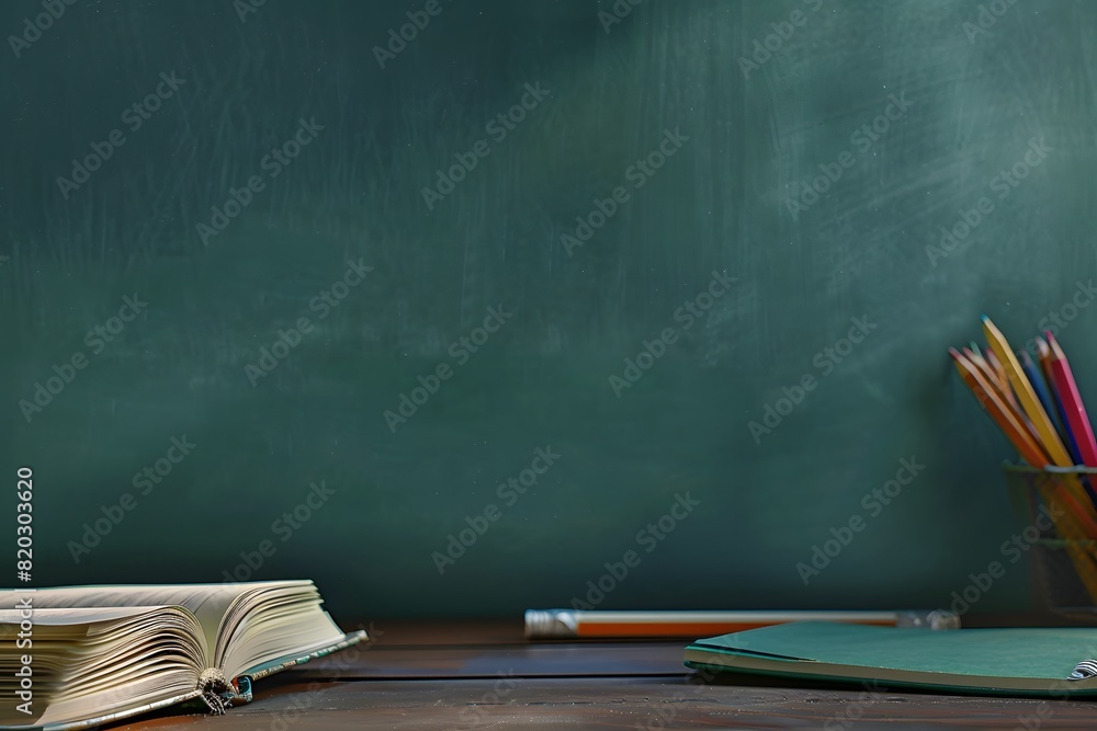 Green Chalkboard with Open Book and Pencils - Back to School Concept Green Chalkboard with Open Book and Pencils - Back to School Concept