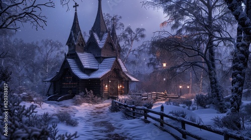 Scandinavian stave church  intricate woodwork  snowy background  twilight  magical atmosphere realistic