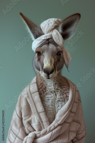 Kangaroo in a robe and towel. Symbol of Australia. Spa. Rest. Massage. Beauty saloon. Vacation. portrait of a kangaroo on a green pastel background