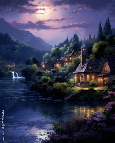 Digital painting of a house on the bank of a mountain river at night © Iman