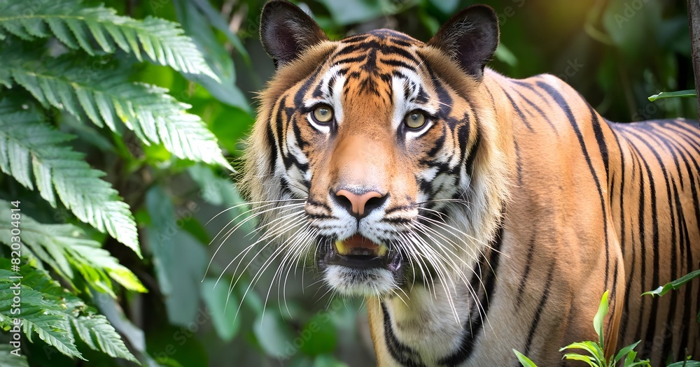 Fototapeta premium A close-up of a tiger prowling through the dense jungle, its eyes fixed on its prey