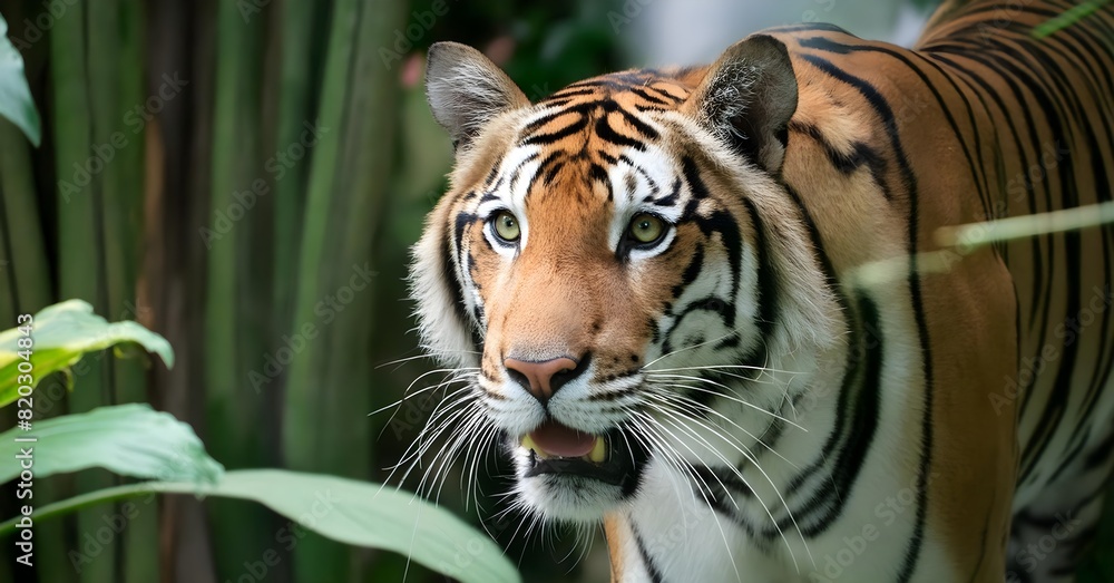 Naklejka premium A close-up of a tiger prowling through the dense jungle, its eyes fixed on its prey