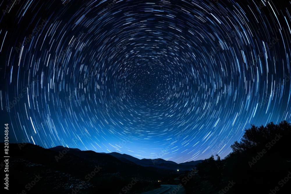 Fototapeta premium A car speeding on a road beneath a sky full of star trails