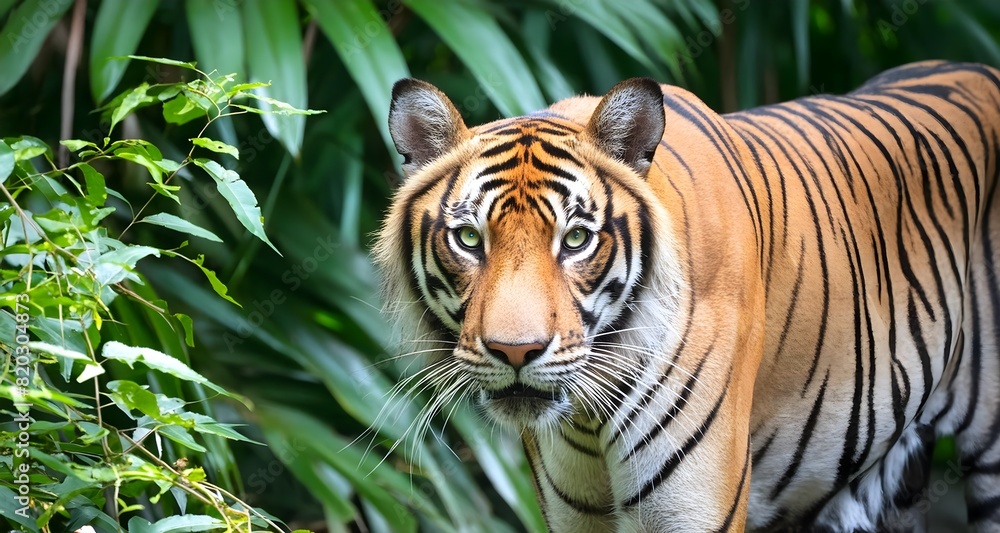 Fototapeta premium A close-up of a tiger prowling through the dense jungle, its eyes fixed on its prey